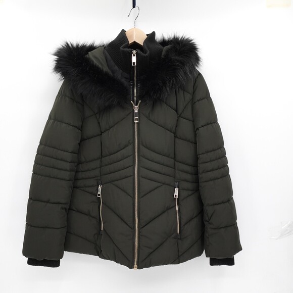 GUESS Jackets & Blazers - GUESS Jacket Womens Large Green Puffer Hood Faux Fur Trim Zip Pockets Warm